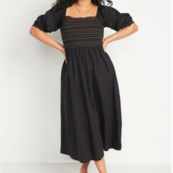 Old Navy Smocked Black Puff Sleeve Fit Flare Off Shoulder Midi Dress Size L - Picture 1 of 15